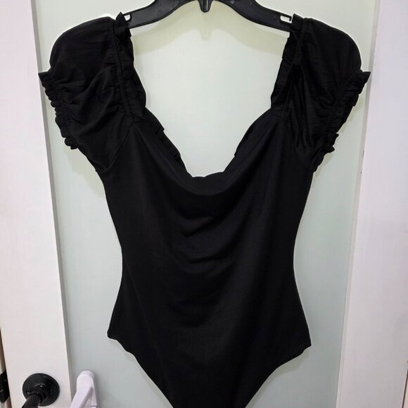 Princess Polly Women’s Black Puff Sleeve Bodysuit – Size 6 – Tie Front One Piece - Picture 7 of 7